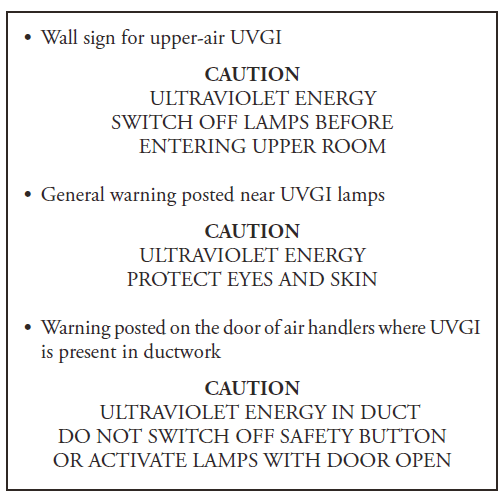 BOX 6. Examples of ultraviolet germicidal irradiation (UVGI) signs